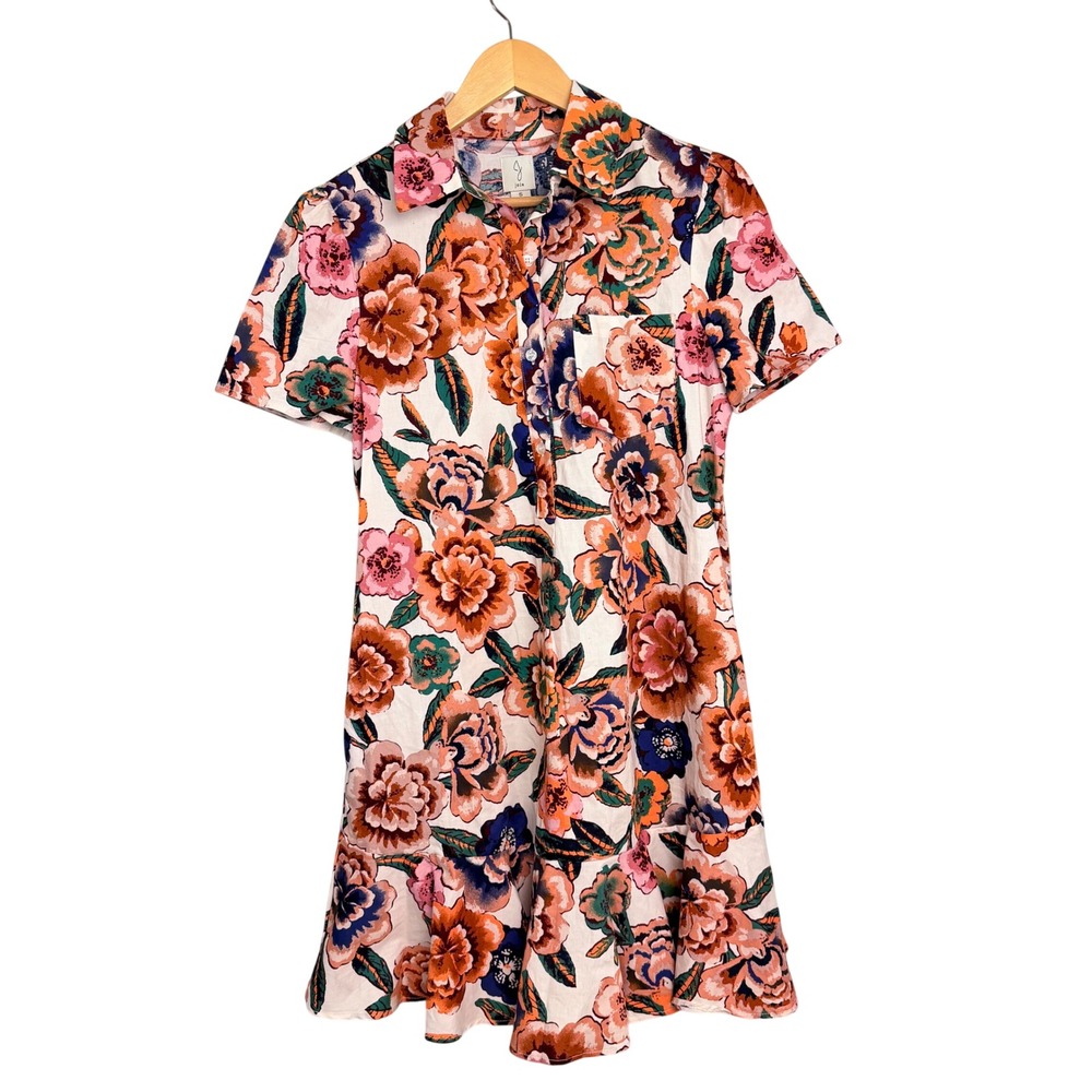 Joie Floral Print Cotton Blend Button Down Shirt Dress Pink Orange Ruffle Hem S